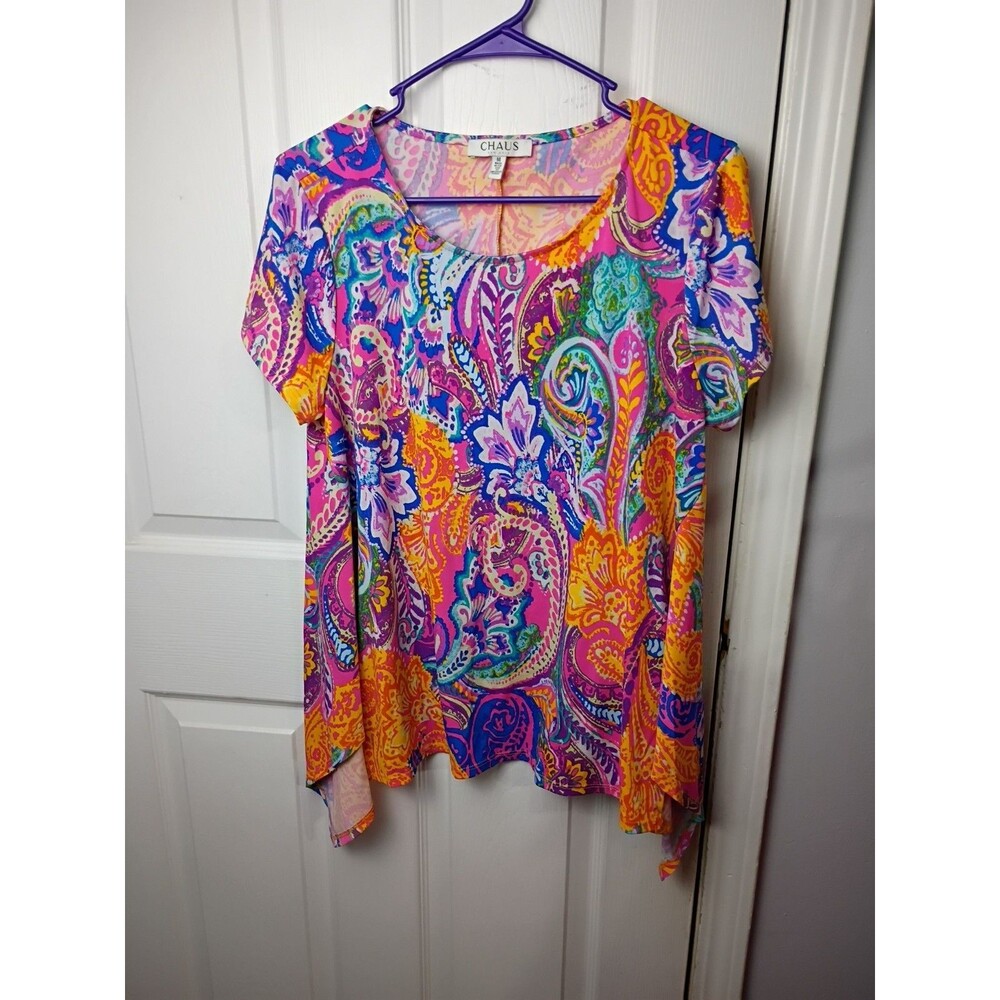 CHAUS New York Women Top Blouse Size M Multicolor Short sleeved Paisley Vibrant